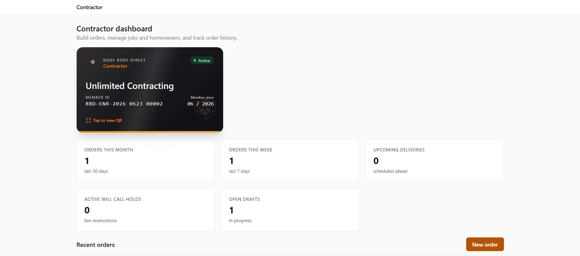 The Team Roof Roof portal contractor dashboard, showing jobs, order history, and upcoming deliveries.