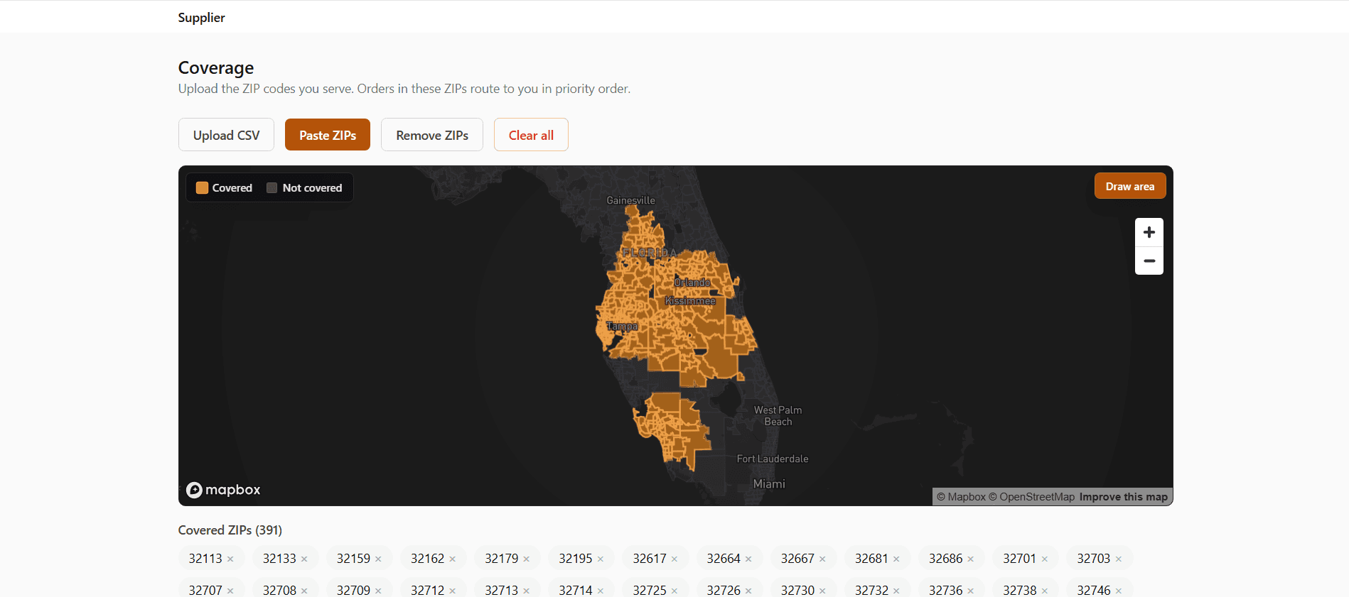 The Team Roof Roof portal Coverage screen, defining a service area by ZIP codes or by drawing on the map.